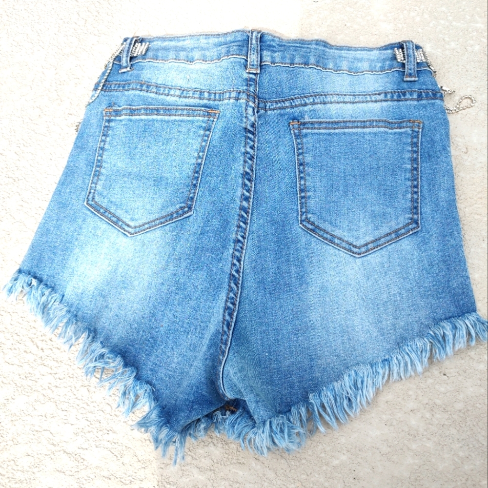 High waisted distressed rhinestone fringe jean shorts - Picture 8 of 16